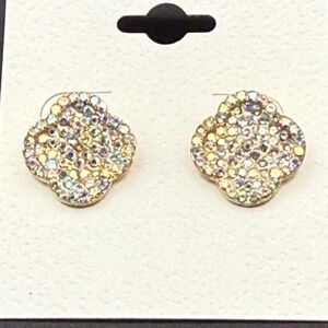 Blossom Clover Rhinestone Stud Earrings AB Crystal Iridescent Gold Tone